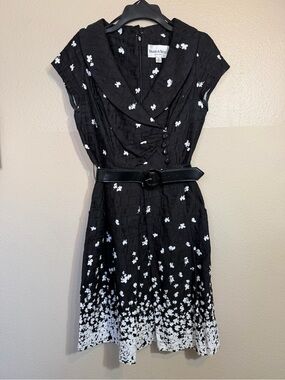 Danny & Nicole Black and White Floral Belted Midi Dress